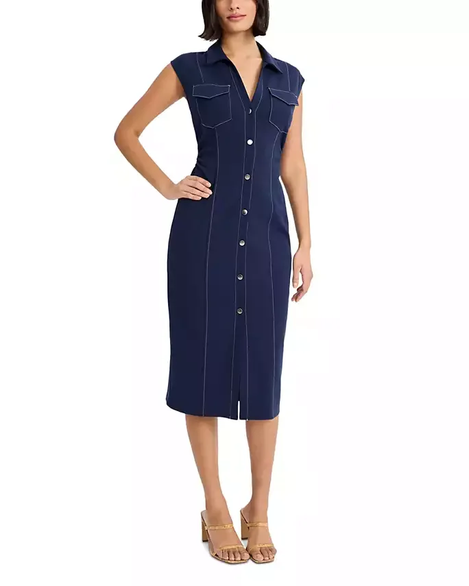Cap Sleeve Button Front Midi Dress