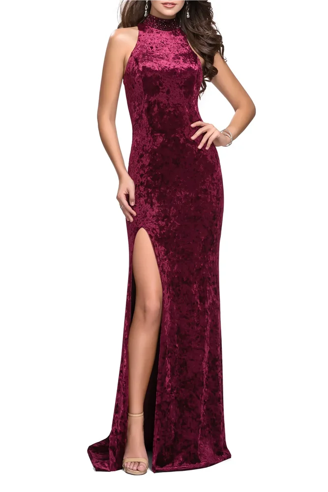 Long Crushed Velvet Prom Dress with Beaded Choker