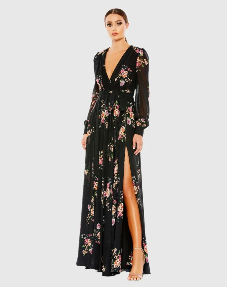 Black Mesh Sleeve Evening Gown - Valeria Dress