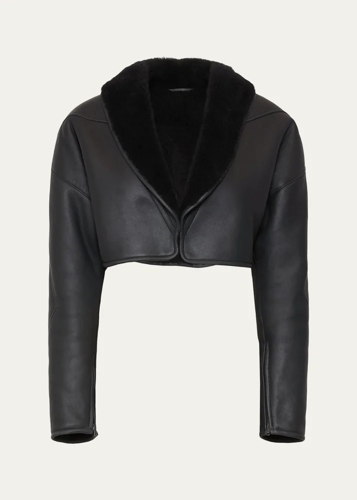 Cropped Shawl-Collar Shearling Jacket