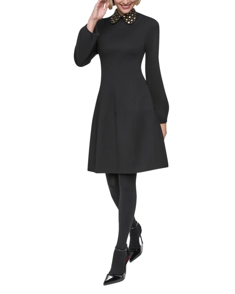 Domino Embellished Collar Long Sleeve Dress