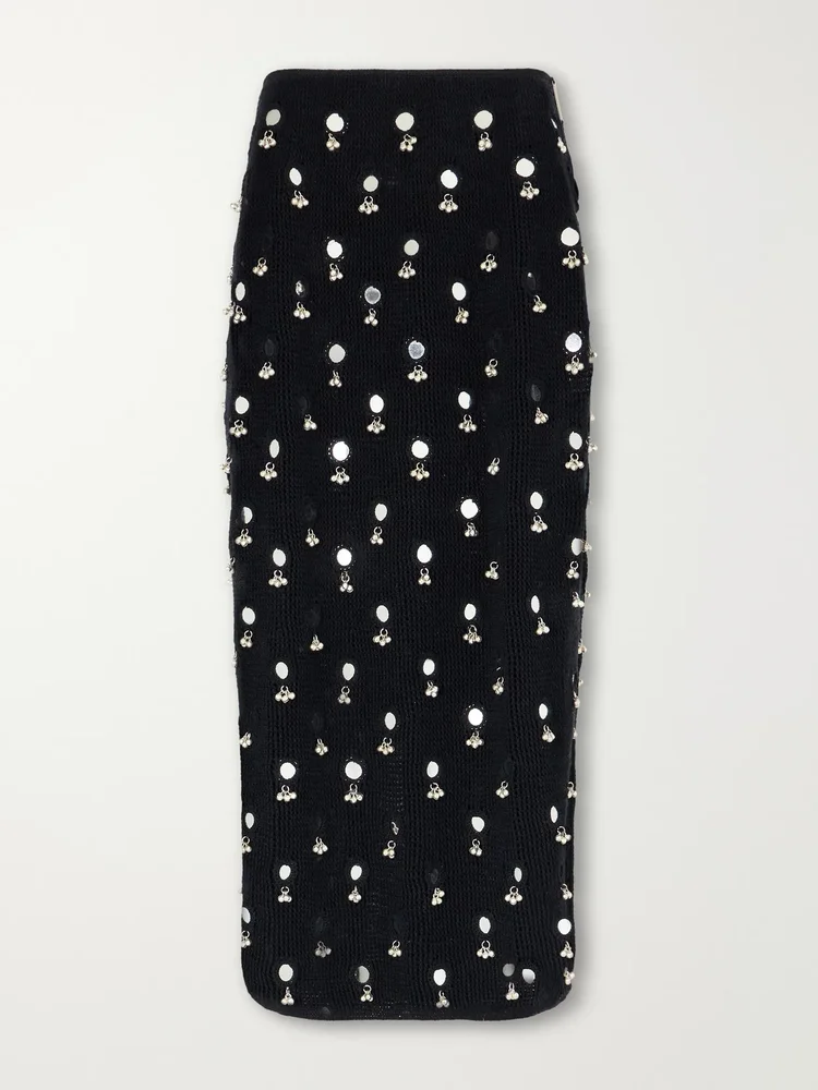 Anastacia embellished cotton crochet-knit midi skirt
