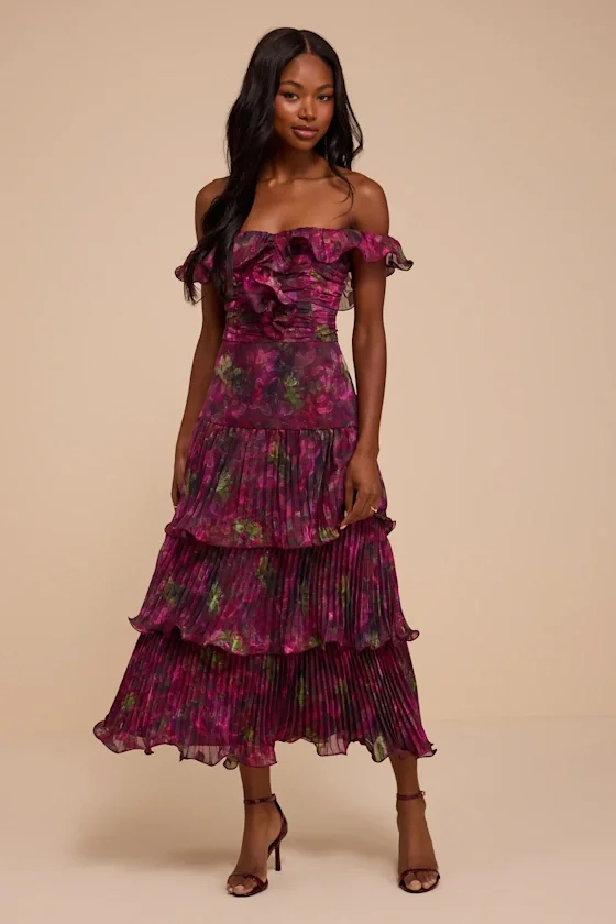 Krista Purple Floral Off-the-Shoulder Midi Dress