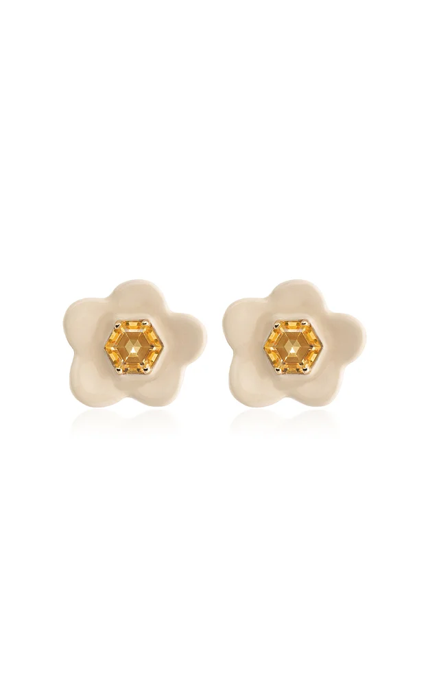 Flower Exagonal 9K Yellow Gold, 925 Silver, Citrine Enamel Earrings