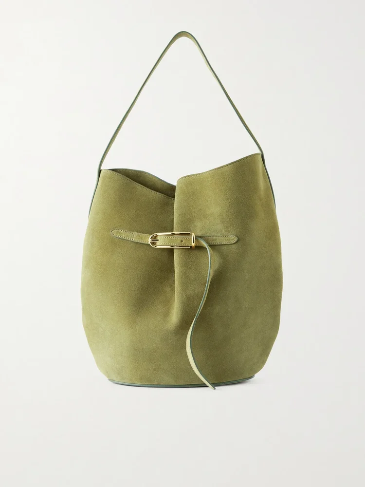 Belted Bucket suede shoulder bag
