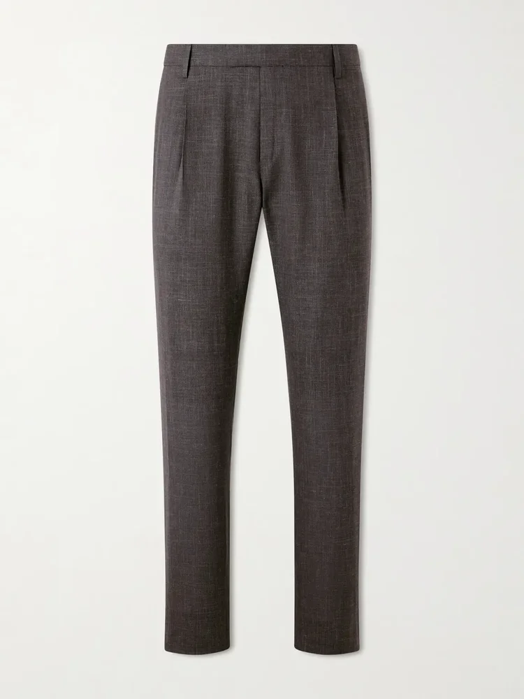 Straight-Leg Pleated Wool, Silk and Linen-Blend Suit Trousers