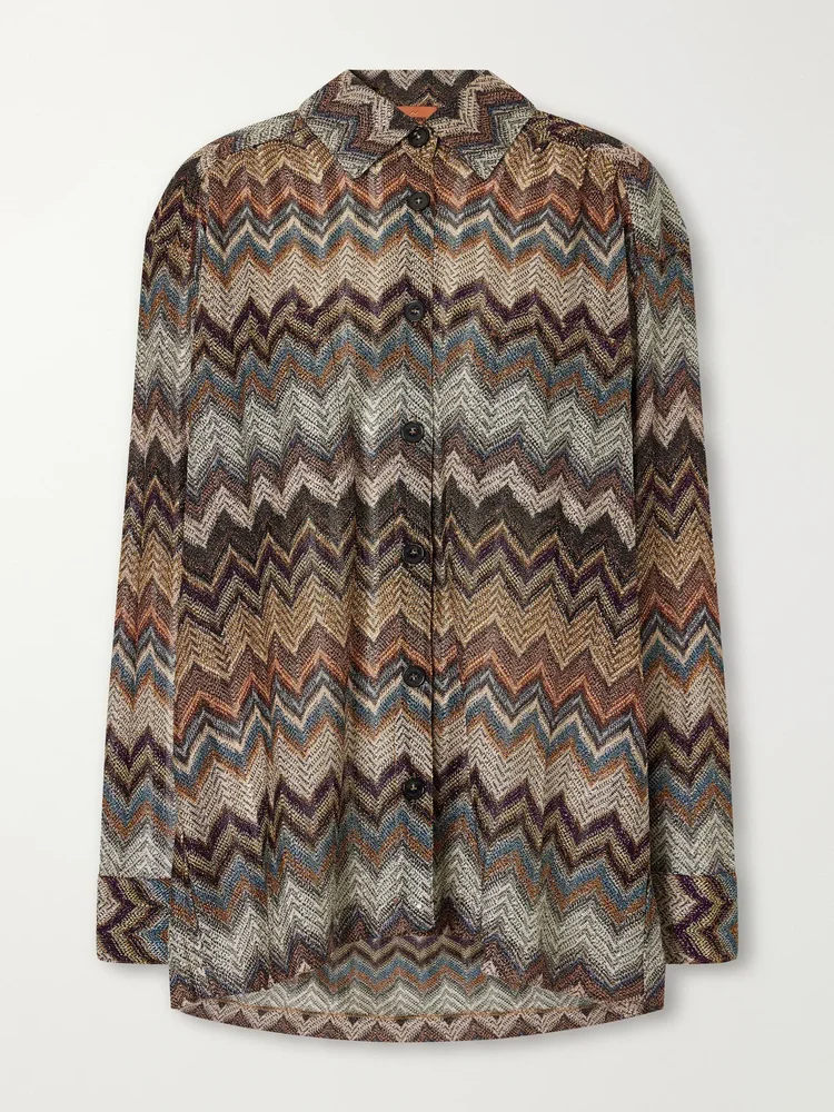 Sequin-embellished metallic crochet-knit blouse
