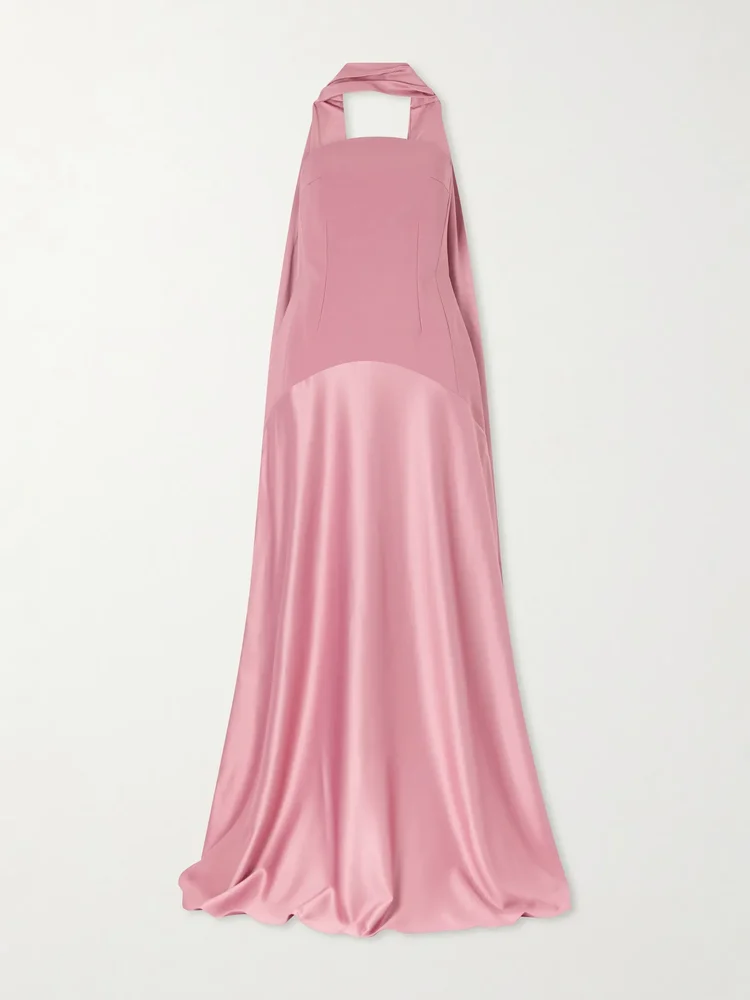 Mae scarf-detailed satin-trimmed crepe gown