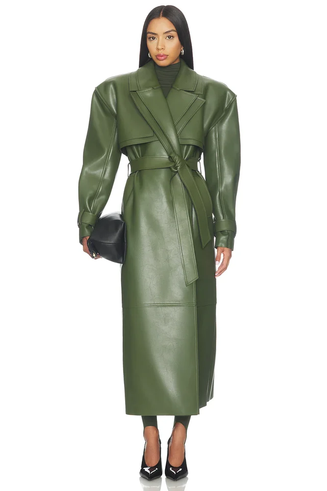 Faux Leather Dual Collar Trench Coat