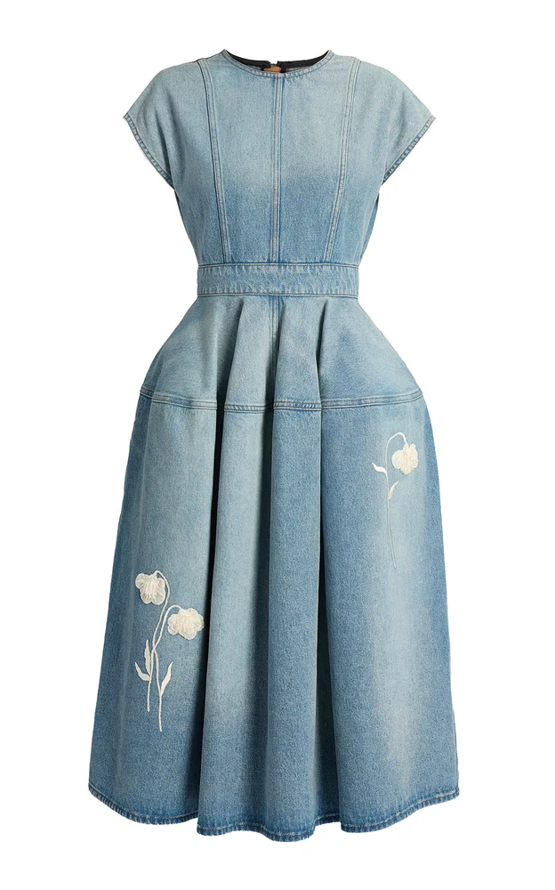 Embroidered Denim Cotton Midi Dress