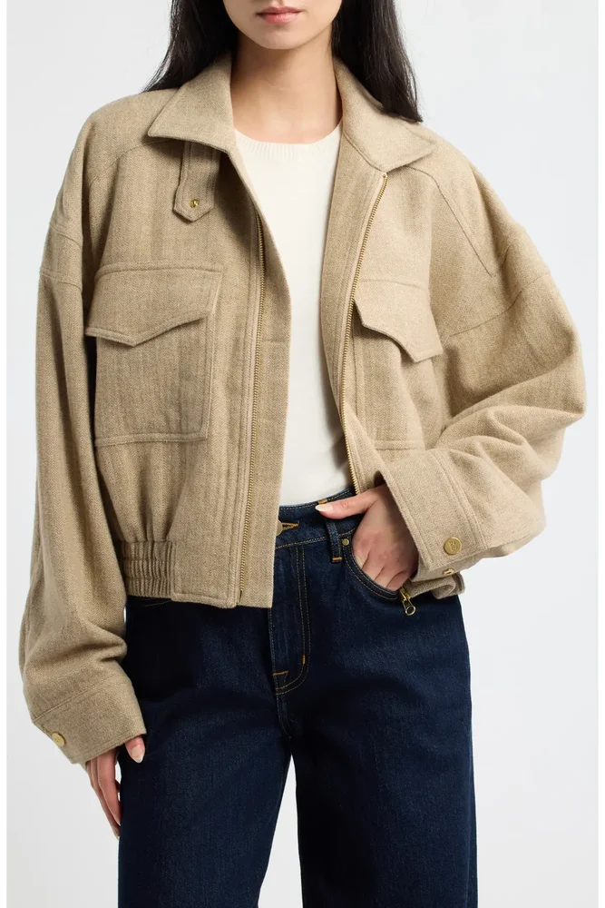 Herringbone Funnel Neck Wool Blend Jacket