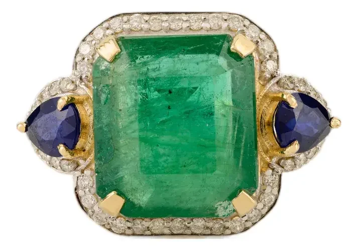Chairish 6.53 Carat Emerald Sapphire & Diamond 14k Gold Vintage Statement Ring Size 7
