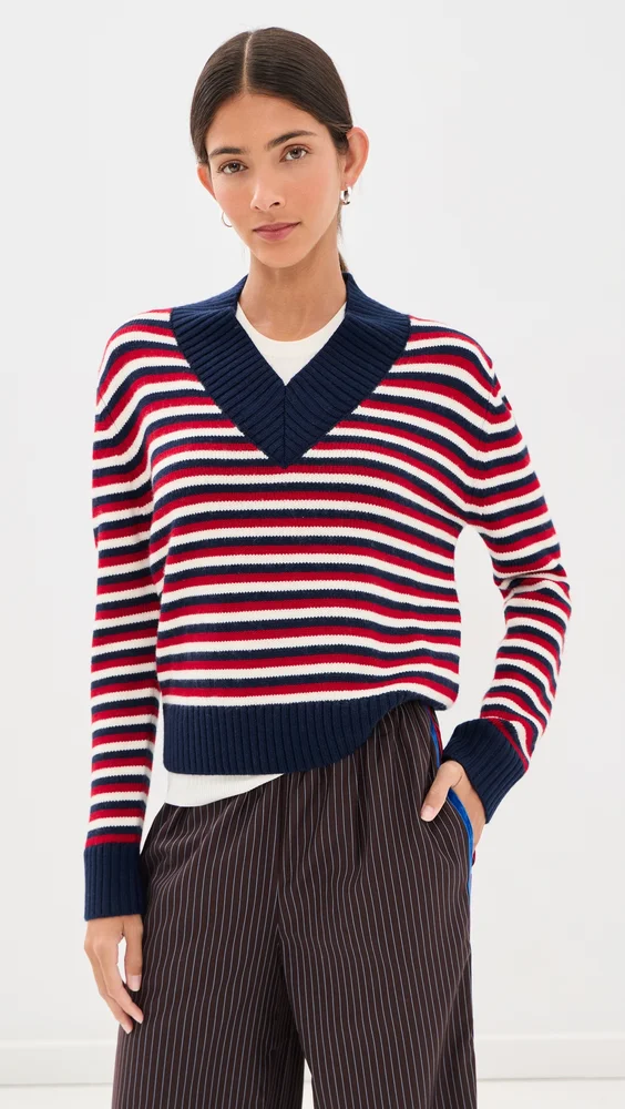 Striped V Neck Wool Sweater