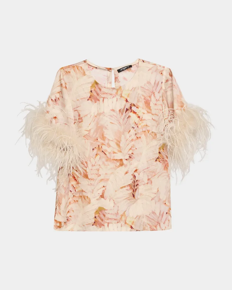 Logan Feather-Cuff Floral-Print Blouse