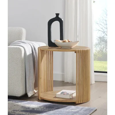 Estie Round Wood Slatted End Table With Open Shelf