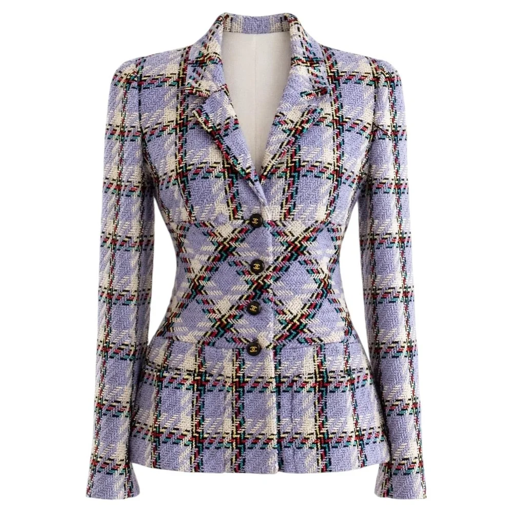 Chanel Vintage Spring/Summer 1995 Lavender Multicolor Plaid Tweed Jacket