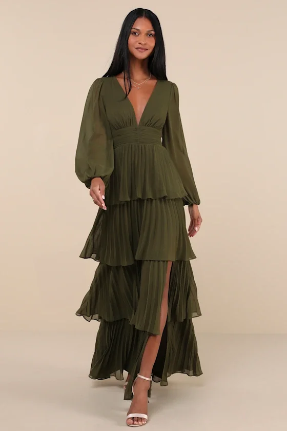 Graceful Finesse Olive Green Pleated Long Sleeve Maxi Dress