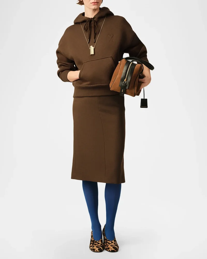 High-Waist Belted Wool Gabardine Midi Pencil Skirt