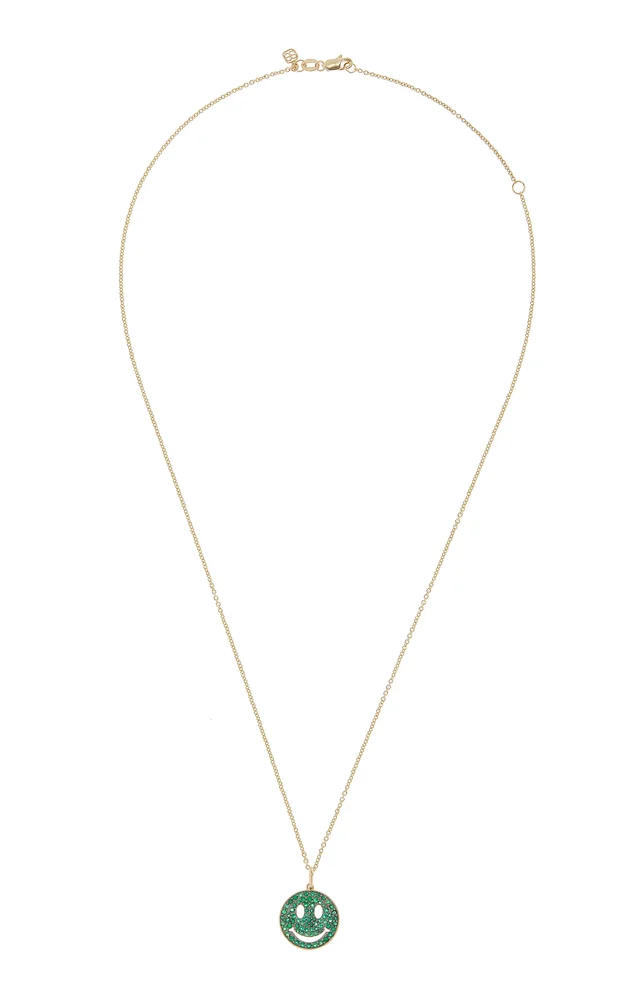 Medium Happy Face 14K Yellow Gold Emerald Necklace