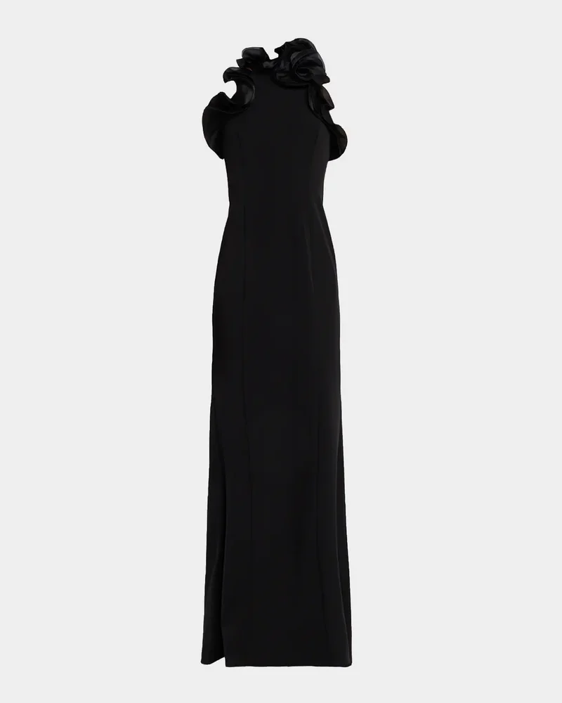 Ruffle-Trim Stretch Crepe Gown