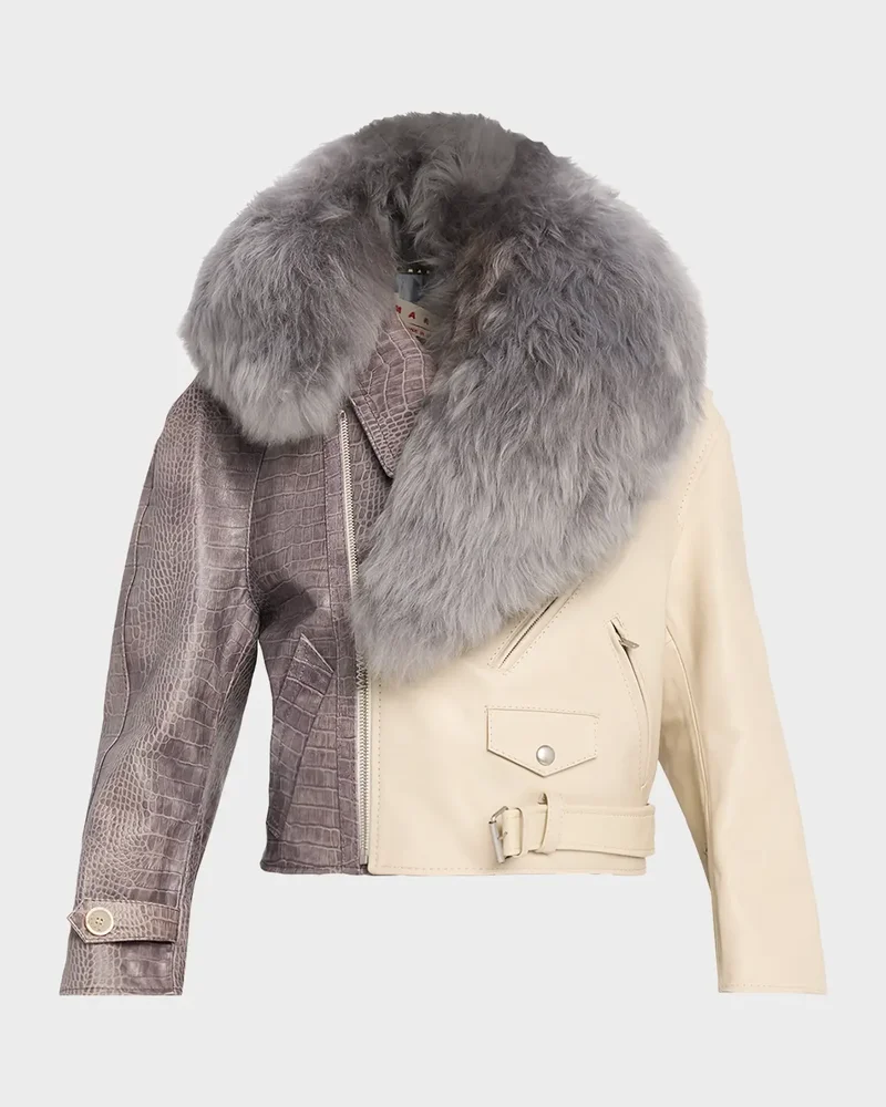 Croco-Embossed Leather Moto Jacket With Lamb Shearling Collar