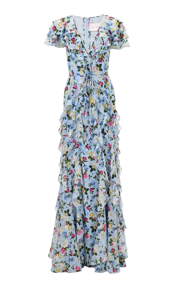 Ruffled Garden Floral Silk-Chiffon Gown
