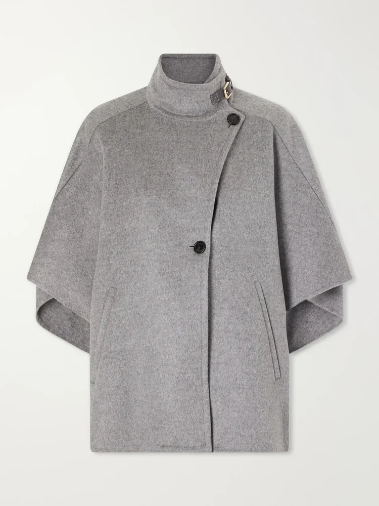 Buckled leather-trimmed cashmere cape