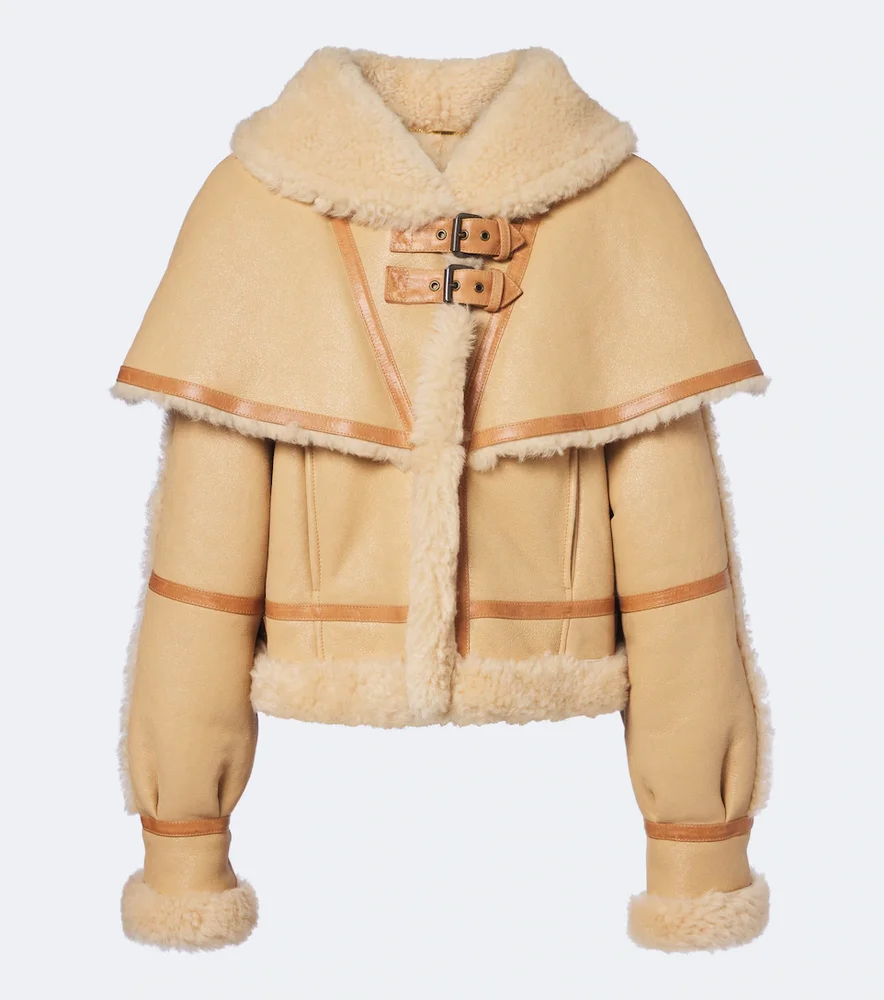 Caped shearling-trimmed jacket
