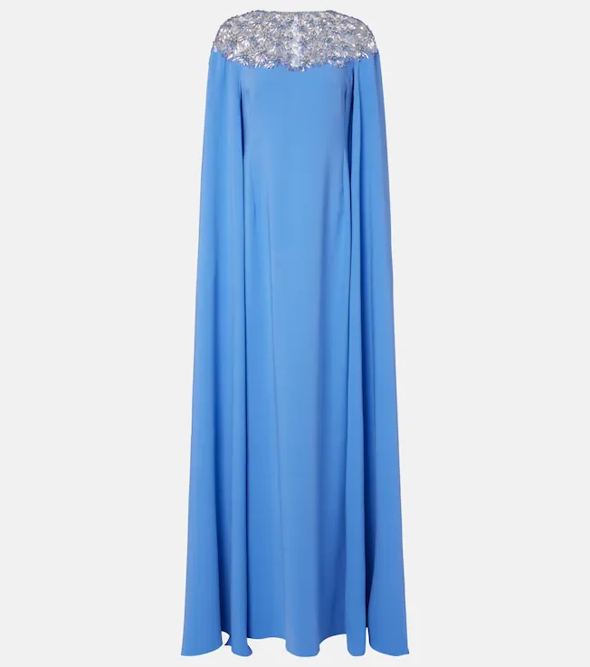 Embellished caped silk-blend gown