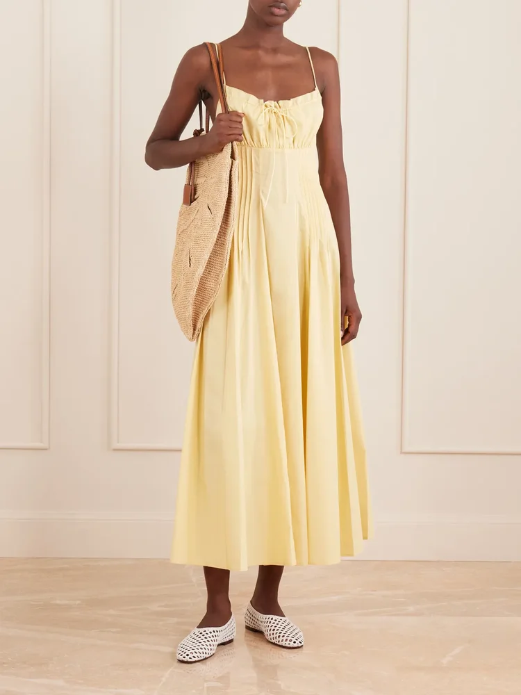 Margi ruffled pleated cotton-stretch poplin midi dress
