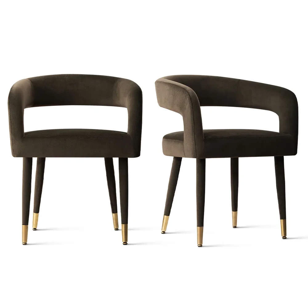 Velvet Upholstered Barrel-Back Dining Chair With Gold Capped Legs