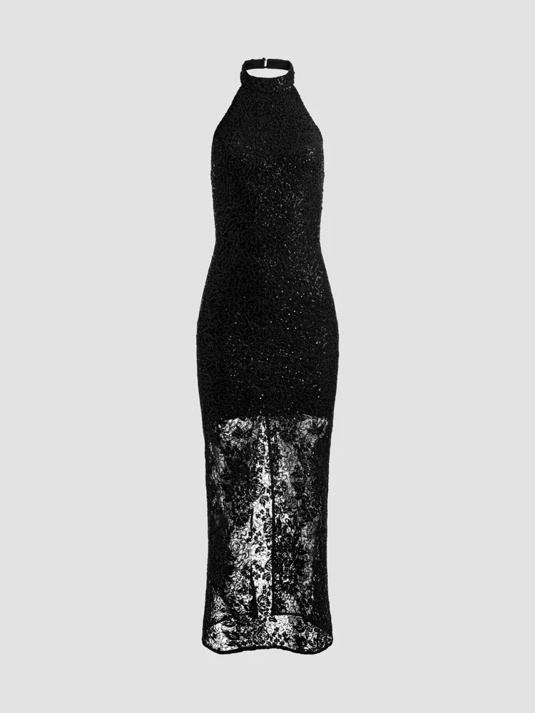 Koi Sequined Lace Halter Maxi Dress