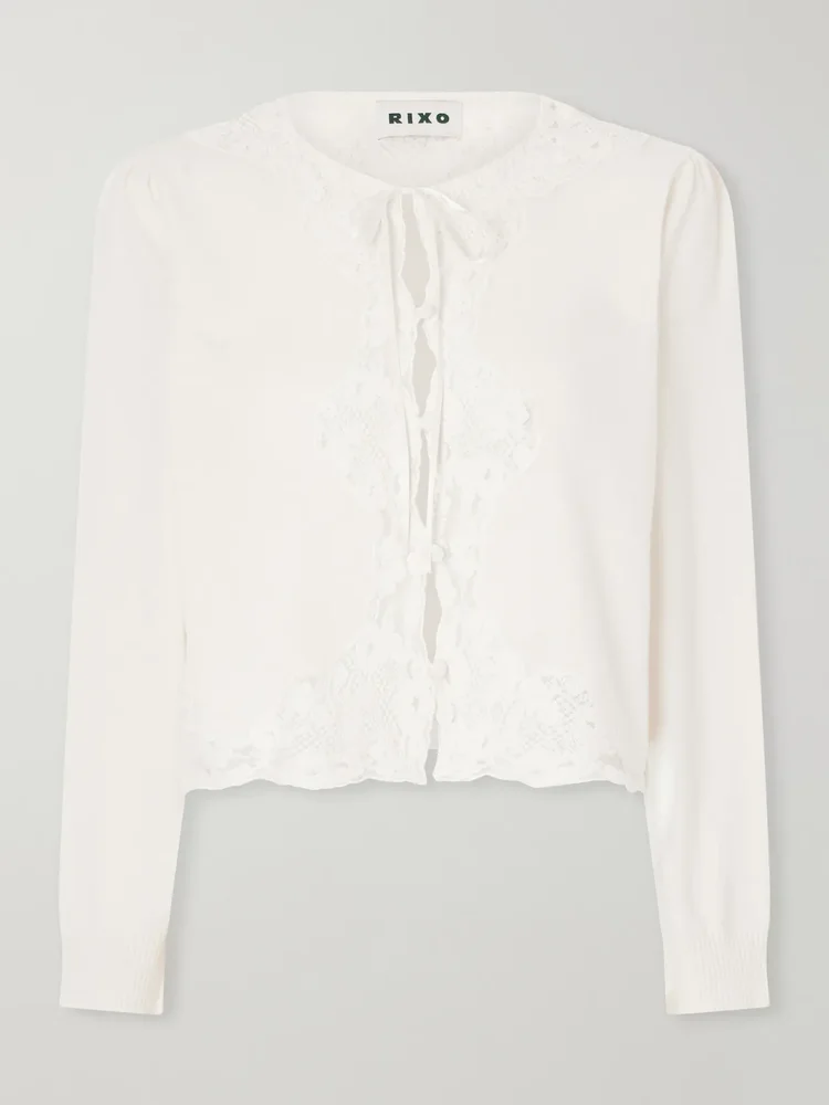 Tassia bow-detailed lace-trimmed wool and cashmere-blend cardigan
