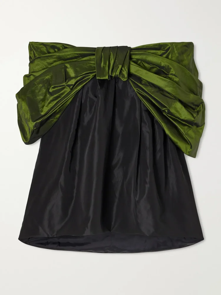 Bow-detailed gathered taffeta blouse