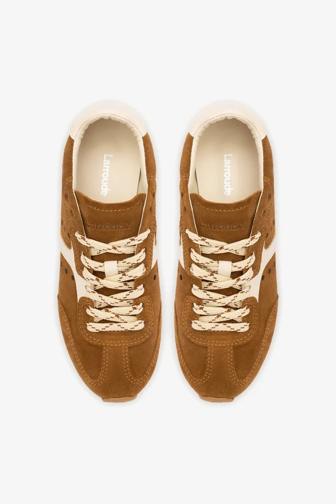 larroude.com Stella Sneaker In Russet Suede and Ivory Leather