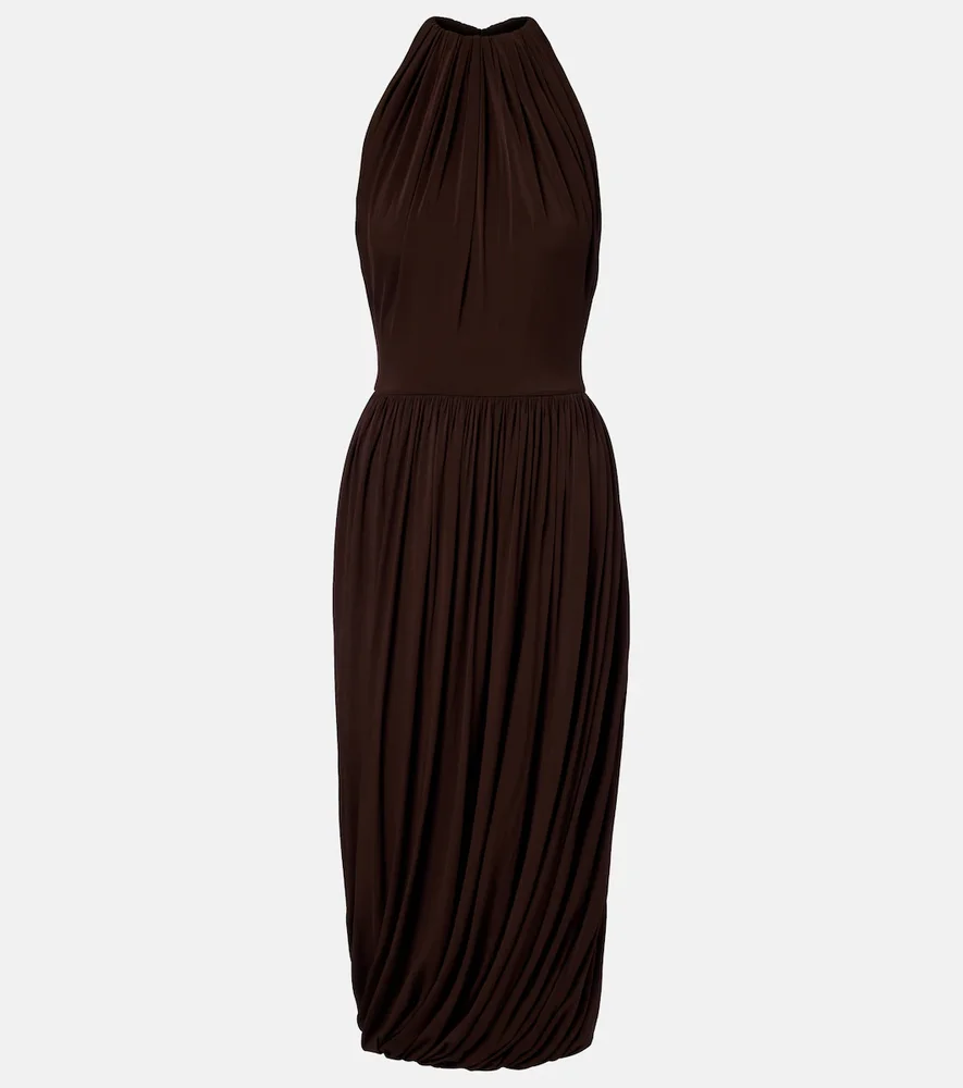 Gathered pleated halterneck midi dress
