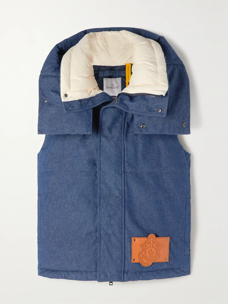 + JW Anderson Dalby hooded faux leather-trimmed denim down vest
