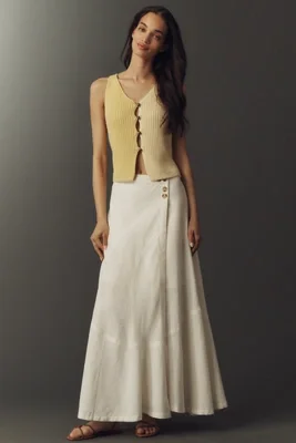 By Anthropologie Seamed Linen Mock Wrap Maxi Skirt