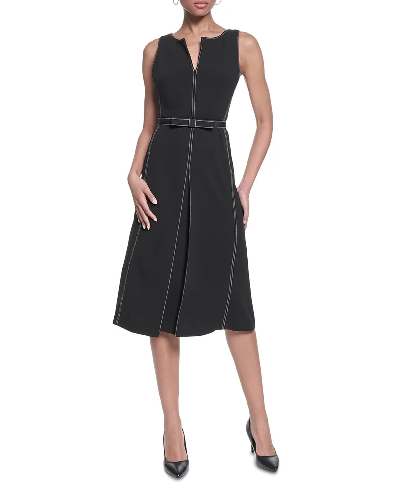 Black Dress: Contrast Stitch Belted Midi Dress