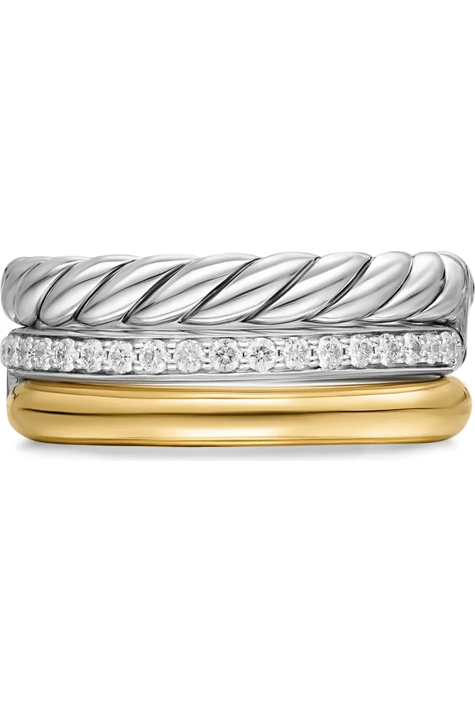 DY Mercer® Three Row Ring in Sterling Silver with 18K Yellow Gold & Diamonds, 8.9mm