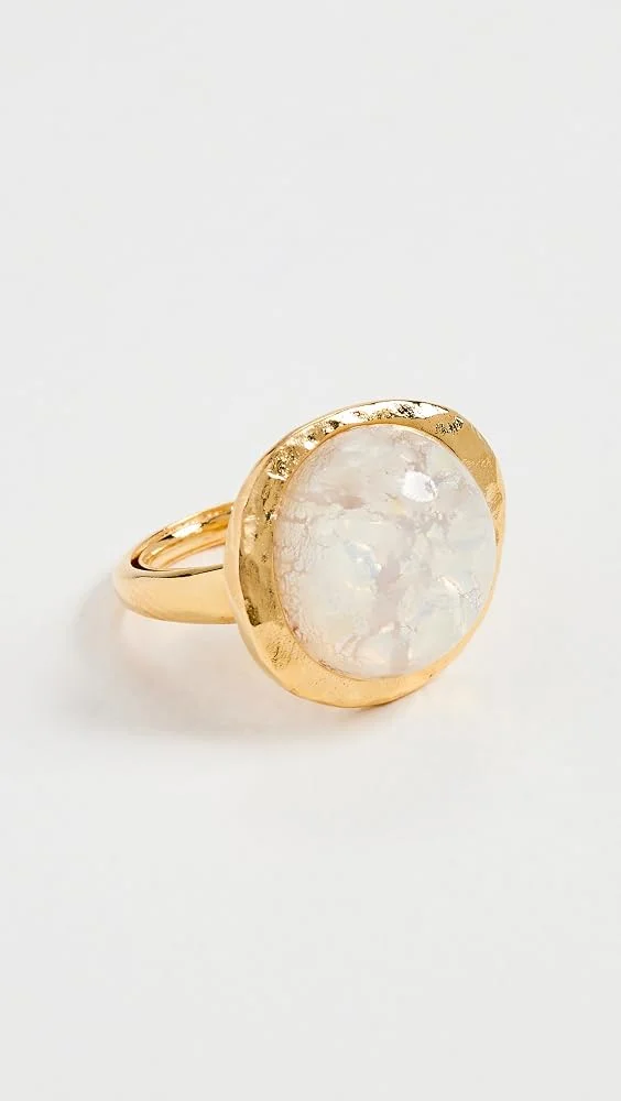 Gold Button White Opal Adjustable Ring