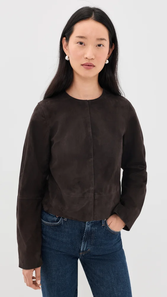 Collarless Cropped Suede Jacket