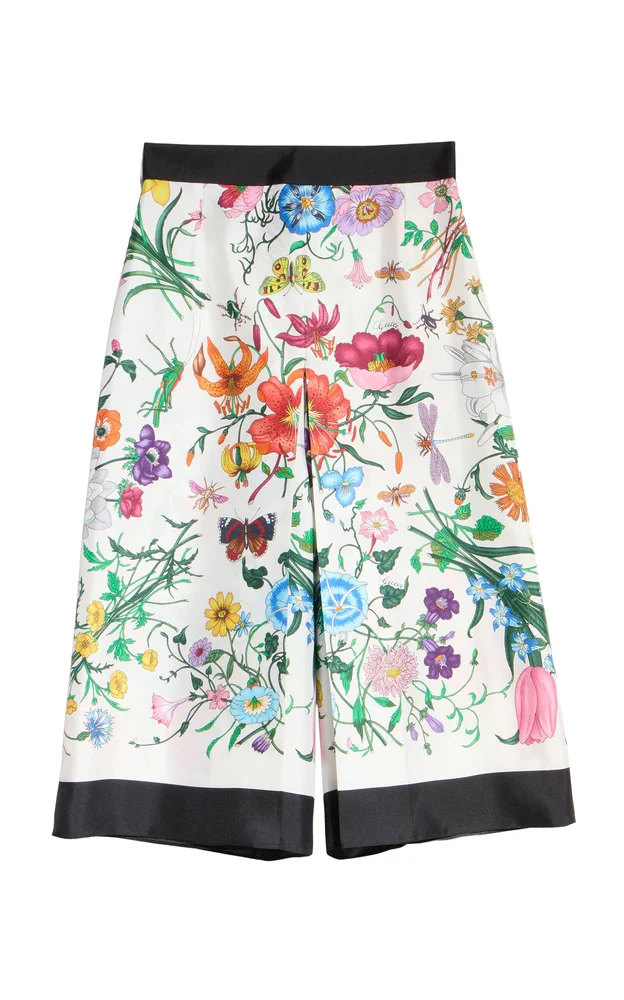 Floral Printed Silk Wide-Leg Cropped Pants