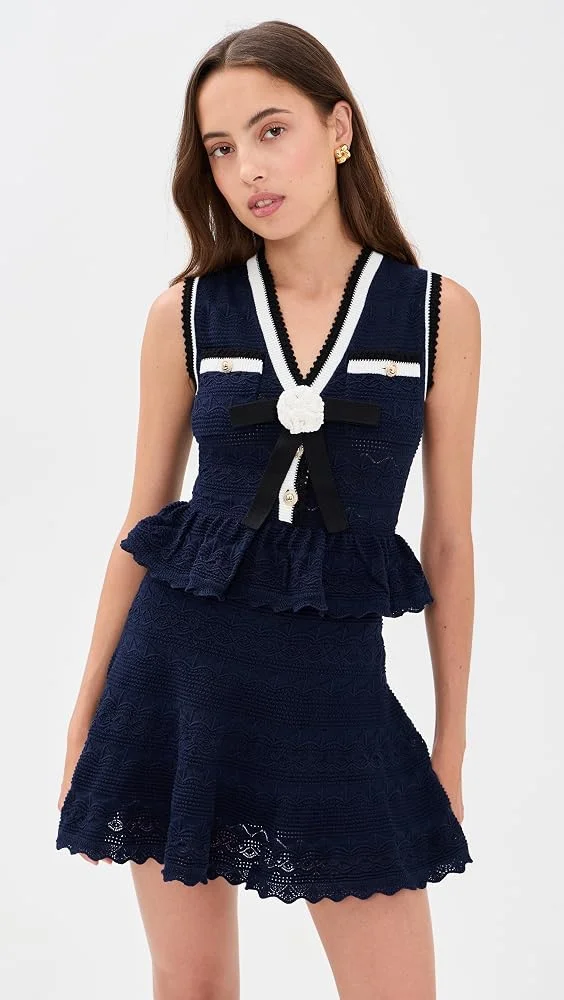 Navy Peplum Pointelle Knit Mini Dress
