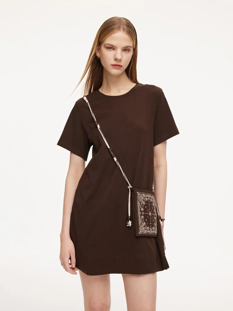 Round Neck Women Long T-Shirt With Crossbody Bag