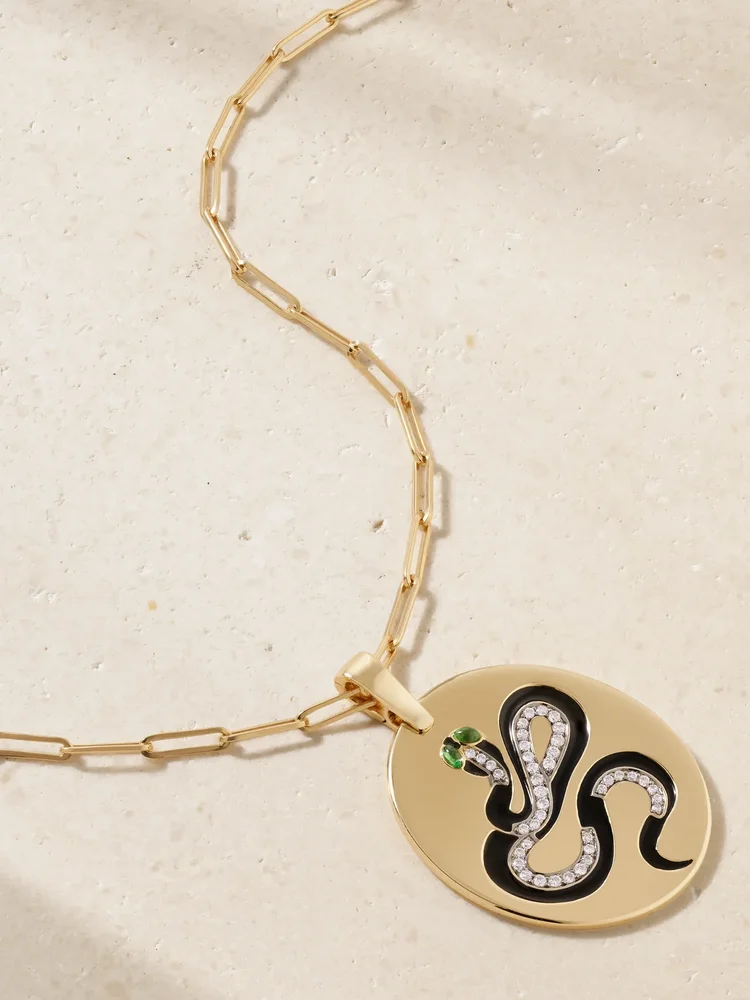 Snake 18-karat gold, diamond, tsavorite and enamel necklace