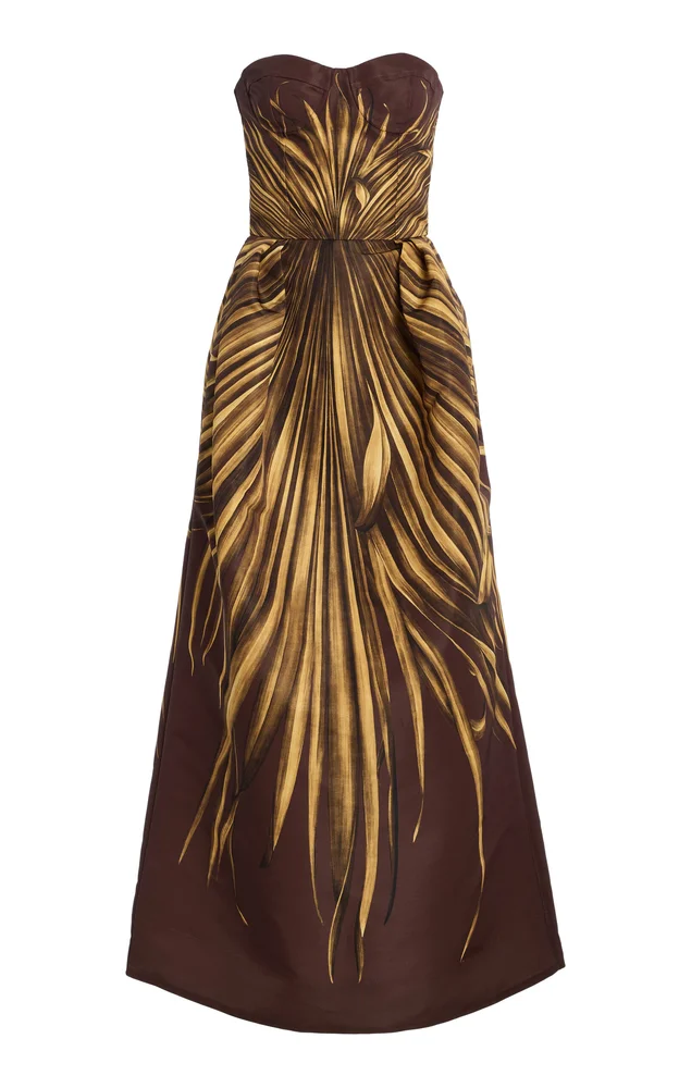 Palm-Printed Faille Maxi Cocktail Dress