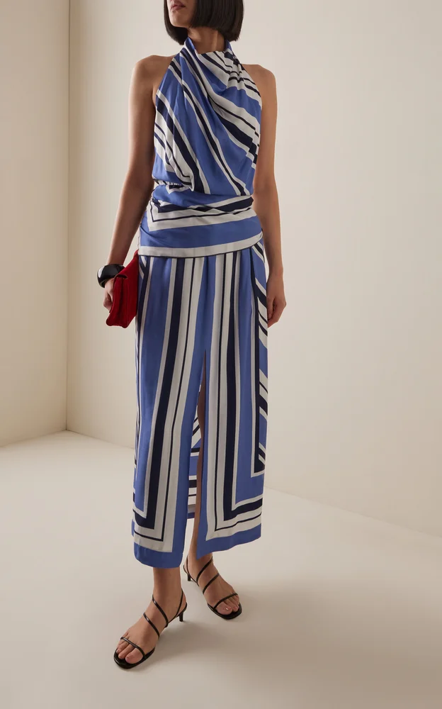 Exclusive Striped Twill Midi Drawstring Skirt