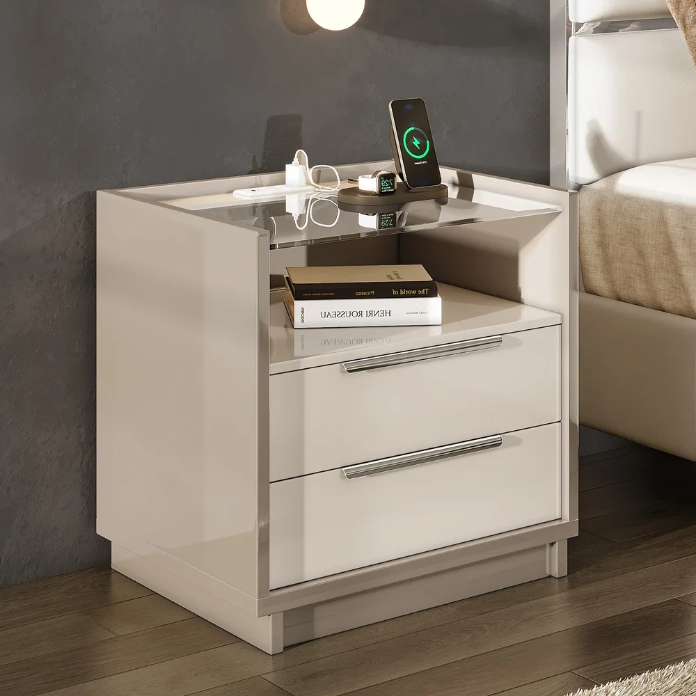 24" W Modern High Gloss Nightstand With Glass Tabletop with Charging Station
