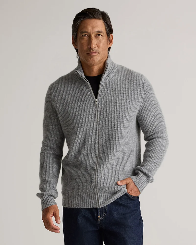 Mongolian Cashmere Fisherman Full Zip Sweater in Heather Grey